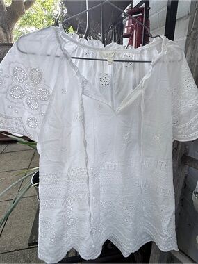 ADIVA White Eyelet Lace Peasant Top Size Large 100% Cotton Boho Blouse